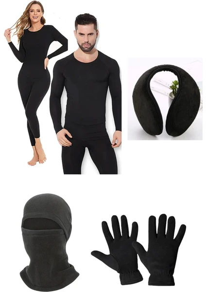 Belifanti Collection Unisex Termal Içlik Alt Üst Takım Polar Maske Polar Eldiven Polar Kulaklık Set Siyah