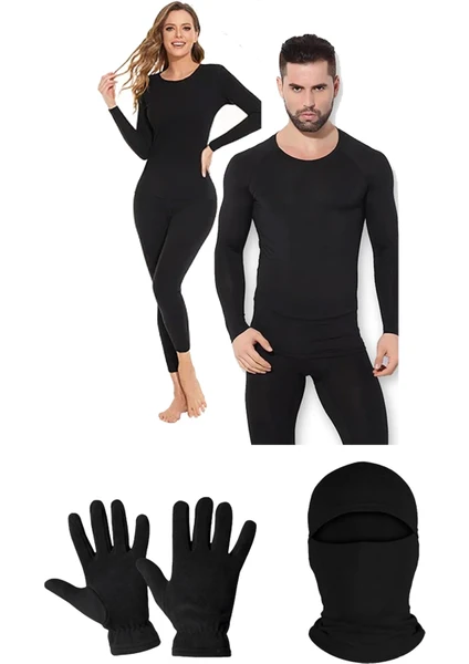 Belifanti Collection Unisex Termal Içlik Alt Üst Takım Termal Maske Polar Eldiven Set Siyah