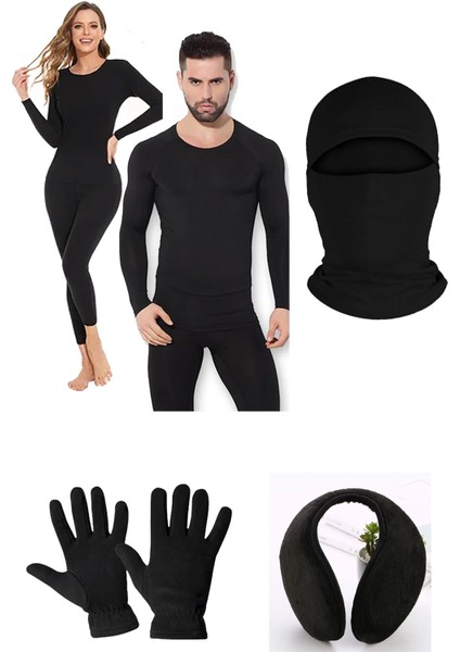 Unisex Termal Içlik Alt Üst Takım Polar Eldiven Polar Kulaklık Termal Maske Set Siyah