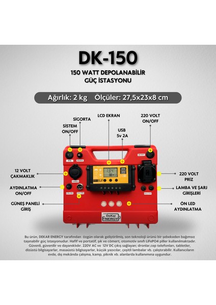 Dekar Energy Taşınabilir Güç Kaynağı DK-150+ 25 Watt Güneş Paneli