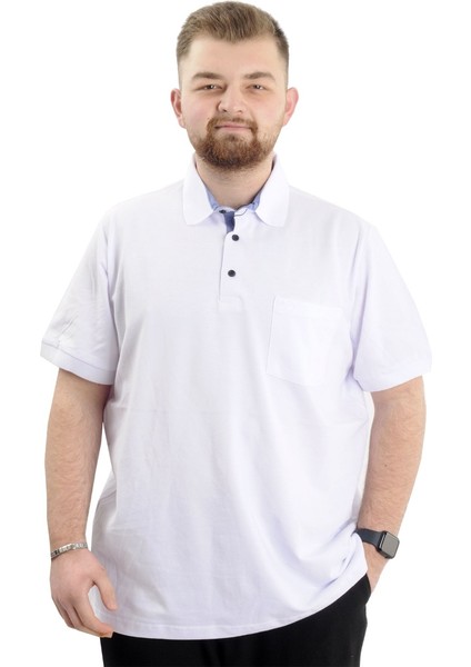 Mode Xl Battal Beden Erkek Tshirt Polo Yaka Cepli Klasik Pike 20552 Beyaz