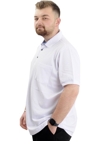 Mode Xl Battal Beden Erkek Tshirt Polo Yaka Cepli Klasik Pike 20552 Beyaz