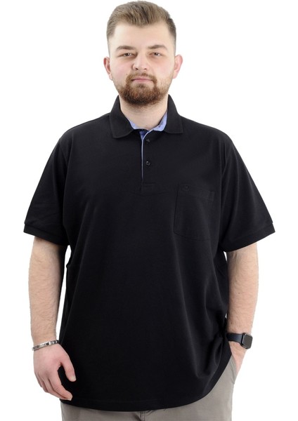 Battal Beden Erkek Tshirt Polo Yaka Cepli Klasik Pike 20552 Siyah