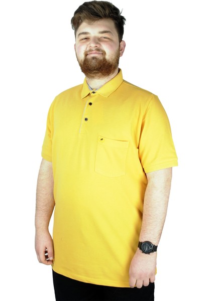 Battal Beden Erkek Tshirt Polo Yaka Cepli Klasik Pike 20552 Hardal