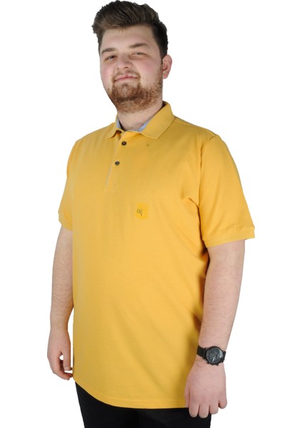 Battal Beden Erkek Tshirt Polo Yaka Nakışlı Klasik Pike 20553 Hardal