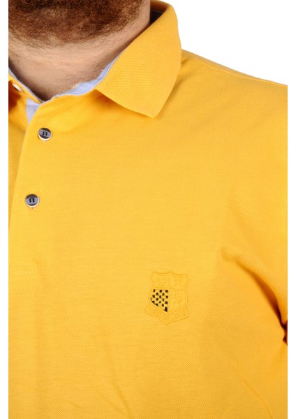 Battal Beden Erkek Tshirt Polo Yaka Nakışlı Klasik Pike 20553 Hardal