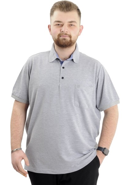 Battal Beden Erkek Tshirt Polo Yaka Cepli Klasik Pike 20552 Gri Melanj