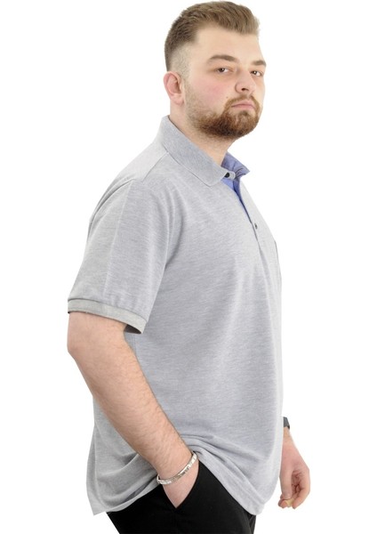 Battal Beden Erkek Tshirt Polo Yaka Cepli Klasik Pike 20552 Gri Melanj modelleri