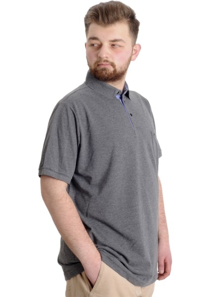 Battal Beden Erkek Tshirt Polo Yaka Cepli Klasik Pike 20552 Antramelanj