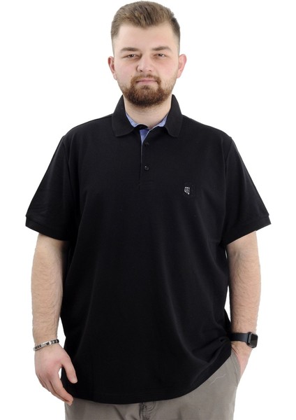 Battal Beden Erkek Tshirt Polo Yaka Nakışlı Klasik Pike 20553 Siyah