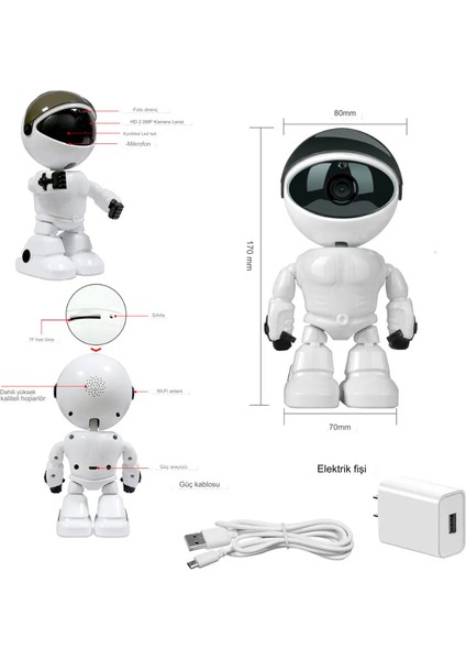 1080P Robot Görünümlü Iç Mekan Insan Algılama Hareket Algılama Uzaktan Izlemeli Alarımlı 2 Yönlü Ses Iletimli  Kablosuz Kamera