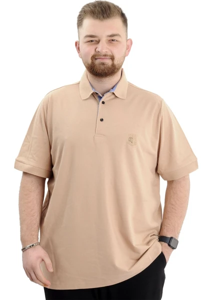 Battal Beden Erkek Tshirt Polo Yaka Nakışlı Klasik Pike 20553 Bej