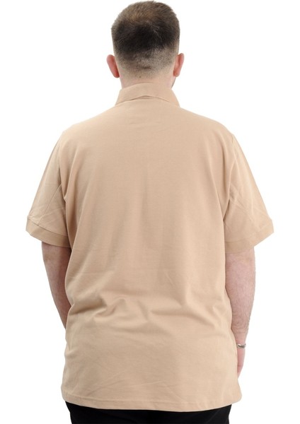 Battal Beden Erkek Tshirt Polo Yaka Nakışlı Klasik Pike 20553 Bej