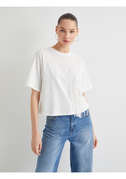 Püsküllü Dantel Detaylı Tişört Kısa Kollu Bisiklet Yaka Pamuklu fiyatları