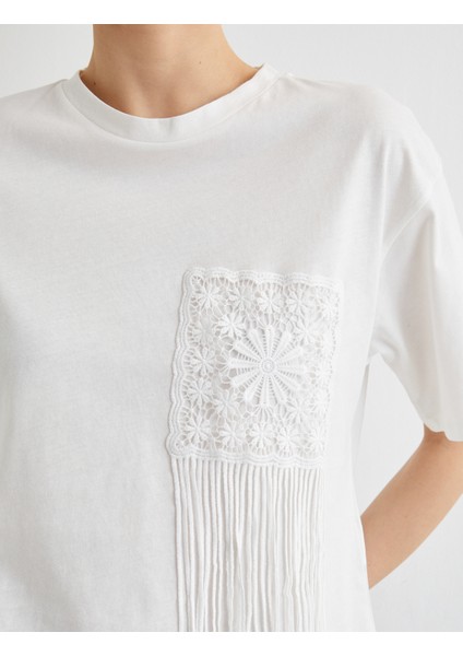 Püsküllü Dantel Detaylı Tişört Kısa Kollu Bisiklet Yaka Pamuklu indirimleri