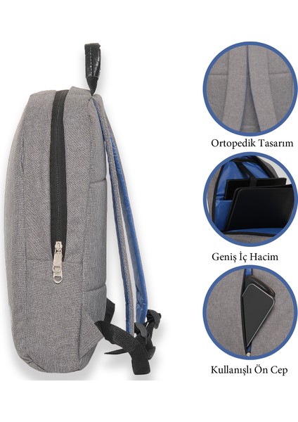 Ön Cepli Astarlı Çok Fonksyonlu Su Geçirmez Ortopedik Gri Laptop Notebook Sırt Çantası 16 Inç.
