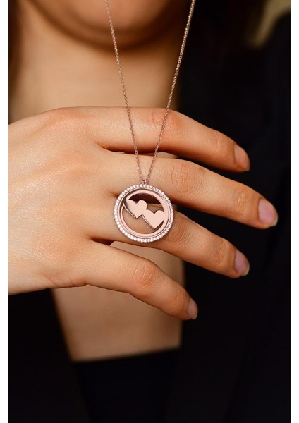 Zirkon Taşlı Rose Çift Kalp Isimli Gümüş Kolye