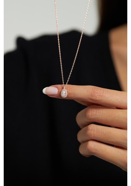 Zirkon Taşlı Rose Minimal Damla Anturaj Gümüş Kolye