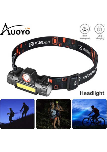 Auoyo LED Far Su Geçirmez Xpe + Cob USB Şarj Edilebilir Far Dahili Pil Baş Feneri Kamp Kafa Lambası (Yurt Dışından)