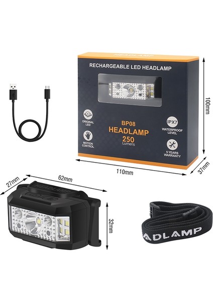 Zoroom USB Şarj Edilebilir LED Kafa Işık Hareket Sensörü Çalışan Balıkçılık Kafa Işık Kızılötesi Sensör ile Su Geçirmez Far (Yurt Dışından)