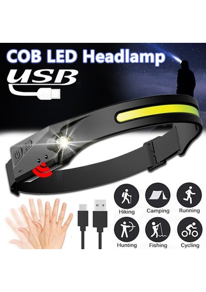 Cob LED Far Sensörlü Far, Dahili Pil El Feneri USB Şarj Edilebilir Far Feneri 5 Aydınlatma Modu Çalışma Işığı Veya Bisiklete Binme, Koşma, Kamp, Yürüyüş, Okuma, Balık Tutma (Yurt Dışından)