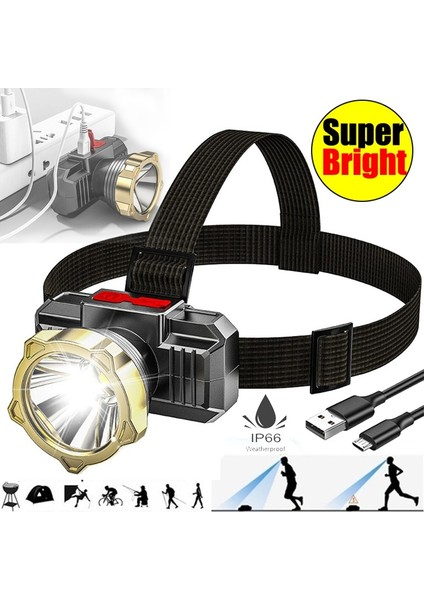 Aydınlatma Modu USB Şarjı Açık Yürüyüş Far Far Su Geçirmez El Feneri (Yurt Dışından)