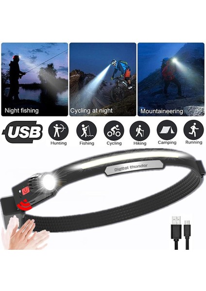 Xpe Cob Far USB Şarj Edilebilir Far Dalga Indüksiyon Kafa Lambası 4 Mod Aydınlatma Silikon Kafa Işık (Yurt Dışından)