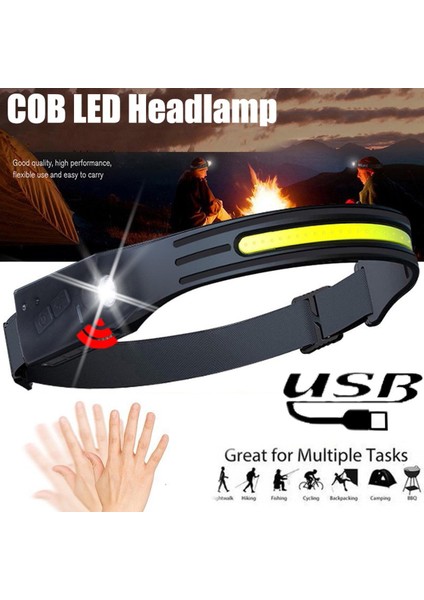 Süper Parlak Cob + LED Sensör Far USB Şarj Edilebilir El Feneri Ayarlanabilir Aydınlatma Açık Hava Sporları Için Acil Durum Far Kamp Bisiklet Yürüyüş Balıkçılık (Yurt Dışından)