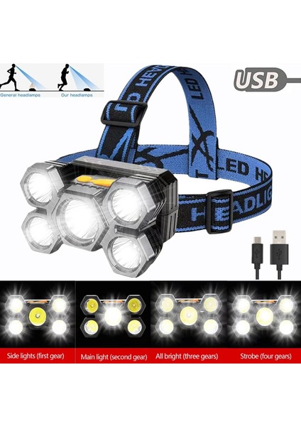 Güçlü Işık 5 LED Far USB Şarj Edilebilir Taşınabilir El Feneri Açık Su Geçirmez Far Kamp Yürüyüş Balıkçılık Acil (Yurt Dışından)