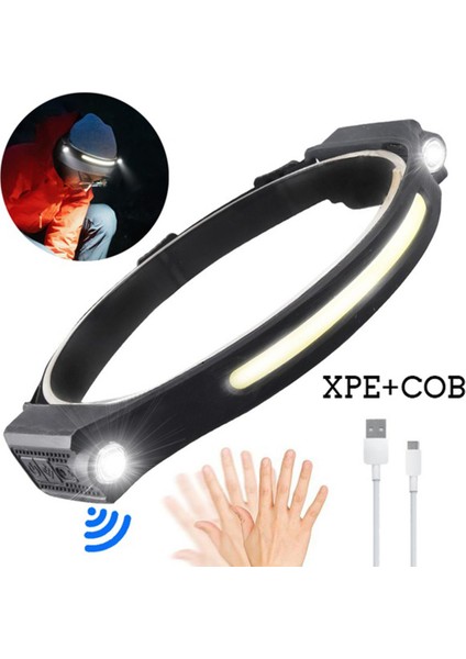 LED Far Cob Çift Işık Kaynağı 5 Vites Ayarlanabilir USB Şarj Edilebilir Başa Monte El Feneri Dış Aydınlatma Projektör (Yurt Dışından)