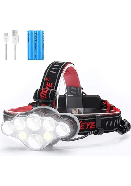 Şarj Edilebilir Far, 8 LED 2500 Yüksek Lümen Parlak Far, Kırmızı Işık, 8 Mod Su Geçirmez Far El Feneri (Yurt Dışından)