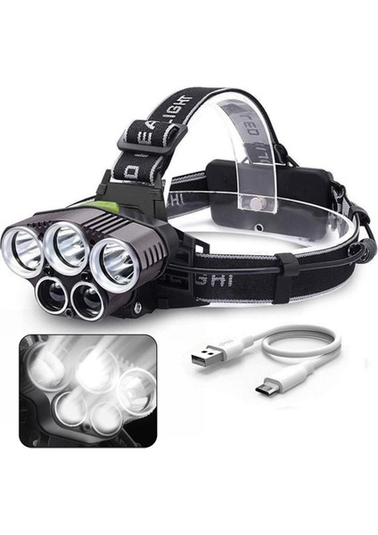 Yürüyüş USB Şarj Edilebilir Su Geçirmez 5 LED 6 Mod Far El Feneri Kafa Işığı (Yurt Dışından)