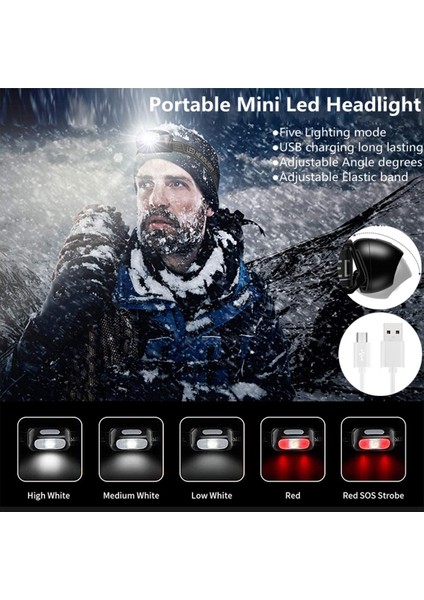 Su Geçirmez Ipx4 Mini LED Far USB Şarj Edilebilir 5 Aydınlatma Modu Süper Parlak Açık Kamp Far (Yurt Dışından)