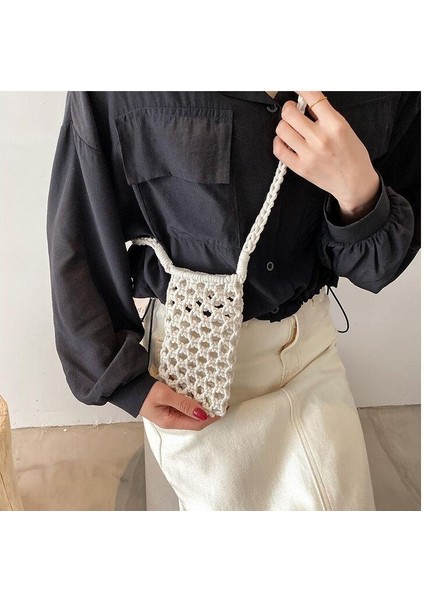 2022 Moda Kadın Küçük Crossbody Telefon Çantası Düz Renk Oymalı Dokuma Tığ Işi Hafif Örgülü Omuz Çantası (Yurt Dışından) indirimleri