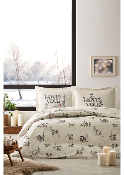 Mickey & Minnie Mouse Love You Çift Kişilik Disney Lisanslı Lastikli Fitted Çarşaf Nevresim Takımı