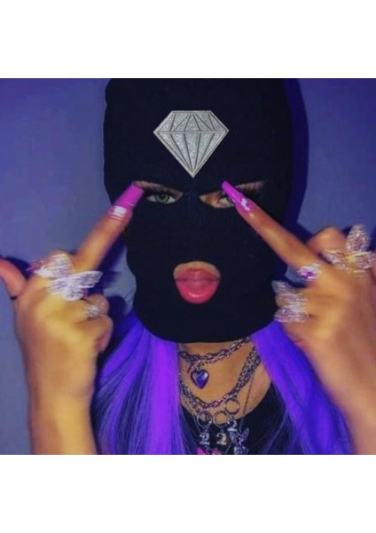 Elmas Glitter Baskılı 3 Delik Tam Yüz Kap Nakış Mektup Kayak Kasketleri Tasarım Sıcak Tutmak Başlık Maskesi Taktik Balaclava Şapka (Yurt Dışından)