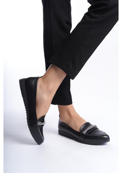 Kadın Sansa Siyah Taş Detaylı Günlük Babet modelleri