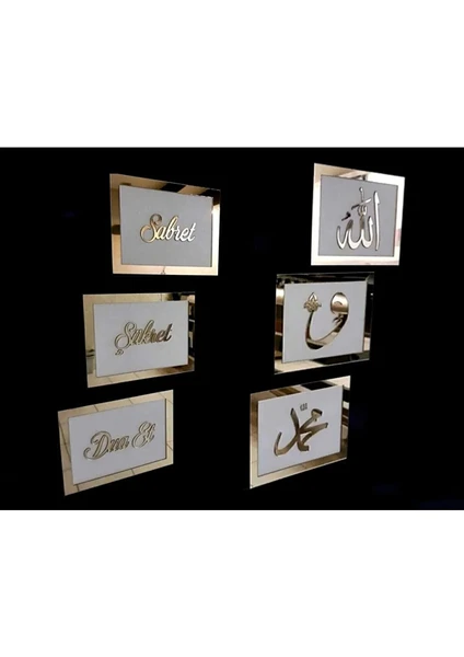 Dekor Treni 3d Sabret Şükret Dua Et Allah Muhammed Vav 6'Lı Tablo Set (20 x 13) Gold / Beyaz