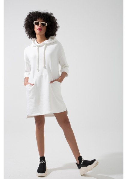 Seul Cep Detaylı Rahat Kesim Oversize Yetim Kol Kapüşonlu Sweat Elbise Hb