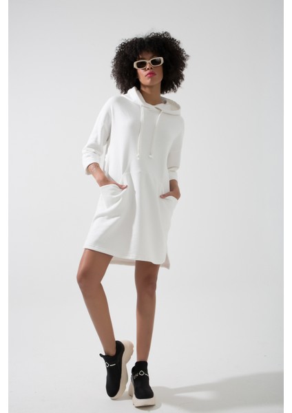 Seul Cep Detaylı Rahat Kesim Oversize Yetim Kol Kapüşonlu Sweat Elbise Hb fiyatları