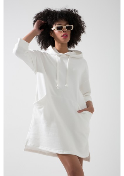 Seul Cep Detaylı Rahat Kesim Oversize Yetim Kol Kapüşonlu Sweat Elbise Hb modelleri
