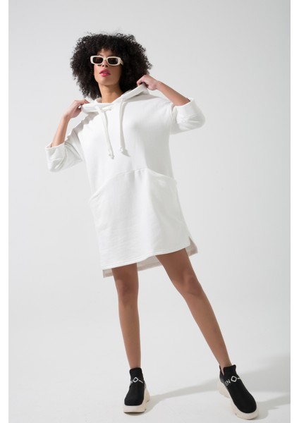 Seul Cep Detaylı Rahat Kesim Oversize Yetim Kol Kapüşonlu Sweat Elbise Hb indirimleri