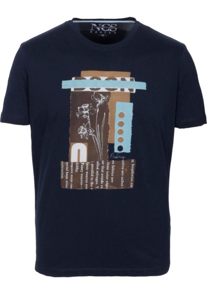 Erkek Tişört Bisiklet Yaka Lacivert Pamuk Slim Fit Baskılı T-Shirt Ncs Jeans 1228
