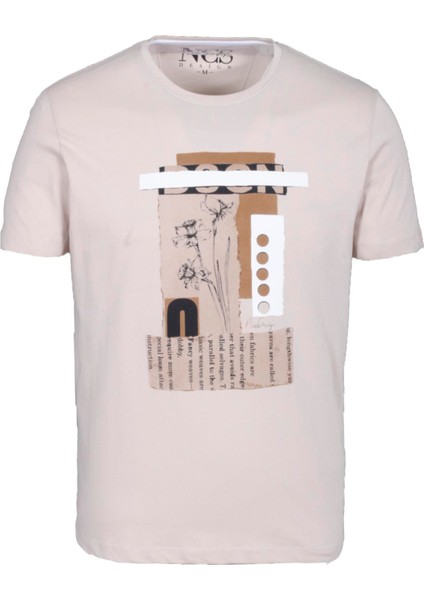 Erkek Tişört Bisiklet Yaka Bej Pamuk Slim Fit Baskılı T-Shirt Ncs Jeans 1228
