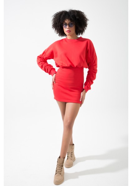 Muub's Maya Kol Lastik Detaylı 3 Iplik Şardonlu Bel Lastikli Vatkalı Sweat Elbise Hb