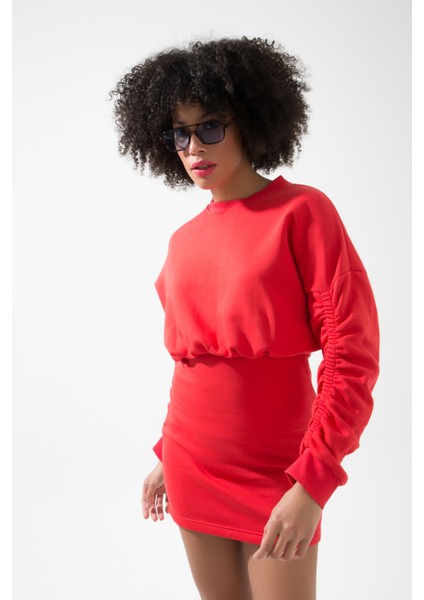 Muub's Maya Kol Lastik Detaylı 3 Iplik Şardonlu Bel Lastikli Vatkalı Sweat Elbise Hb fırsatları