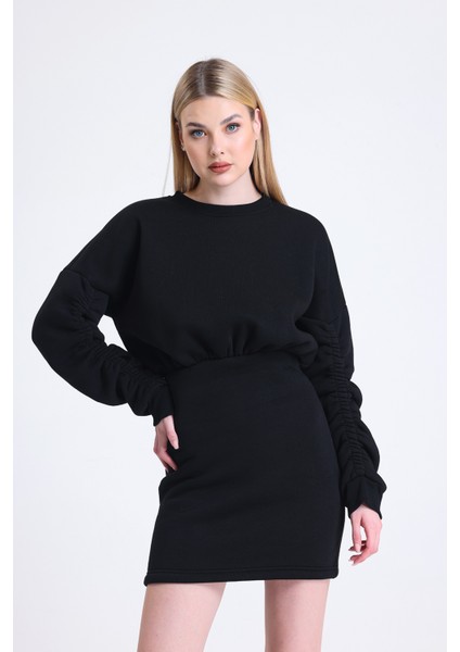 Muub's Maya Kol Lastik Detaylı 3 Iplik Şardonlu Bel Lastikli Vatkalı Sweat Elbise Hb