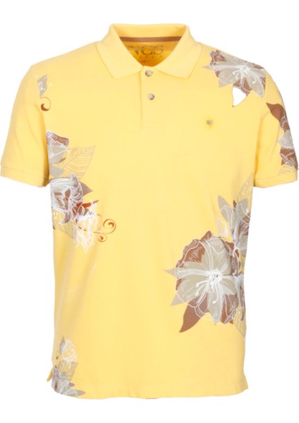 Erkek Polo Yaka Tişört Sarı Pamuk Slim Fit Ribana'lı Kol Floral Desenli T-Shirt Ncs Jeans 1189