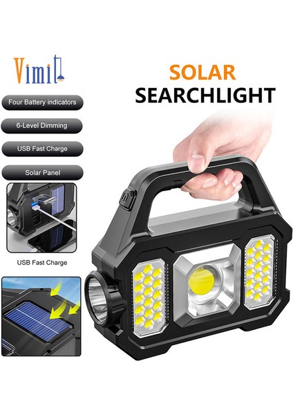 Vimite Güneş Süper Parlak Projektör Çok Fonksiyonlu Şarj Edilebilir Taşınabilir Lamba Açık Kamp Acil Işık Su Geçirmez Güçlü Işık Cob Torchlight Macera Kampı Ev Için Uygundur (Yurt Dışından)