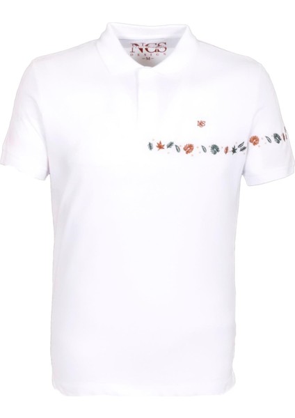Erkek Polo Yaka Tişört Beyaz Pamuk Slim Fit Ribanalı Kol Nakışlı T-Shirt Ncs Jeans 1169